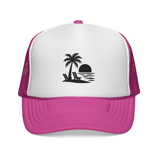 Palm Tree Sunset Trucker Cap — Beach Vacation Hat